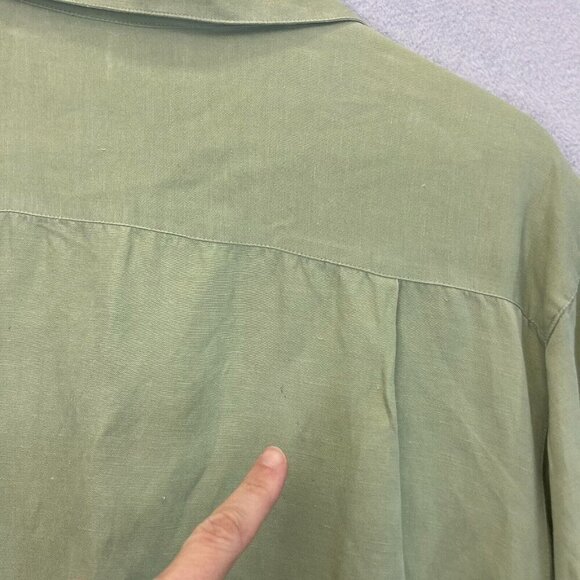 IZOD Button Up Washable Silk Linen Blend Shirt Mens Large L Green Short Sleeve - Picture 7 of 14